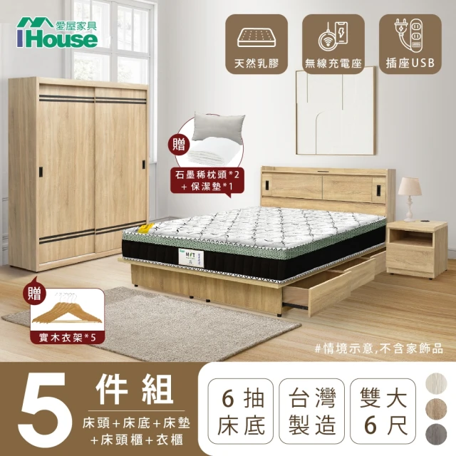 IHouse 品田 房間5件組 雙大6尺(床頭箱+收納抽屜底+床墊+床頭櫃+衣櫃)