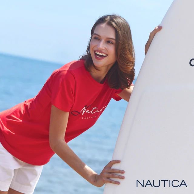 NAUTICA 修身品牌文字LOGO圓領短袖T恤(紅)