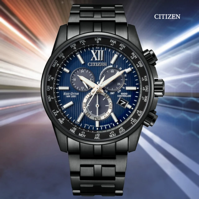 CITIZEN 星辰 GENTS 光動能 電波對時 三眼碼錶計時腕錶-藍黑42.5mm(CB5885-85L 防水200米)