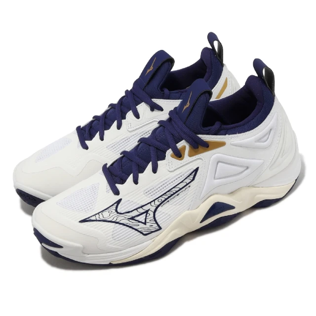 MIZUNO 美津濃 排球鞋 Wave Momentum 3 男鞋 白 海軍藍 羽球鞋 緩衝 室內運動 美津濃(V1GA2312-43)
