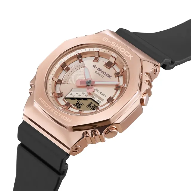 CASIO 卡西歐】卡西歐G-SHOCK 八角金屬殼雙顯手錶(黑x玫瑰金GM-S2100PG