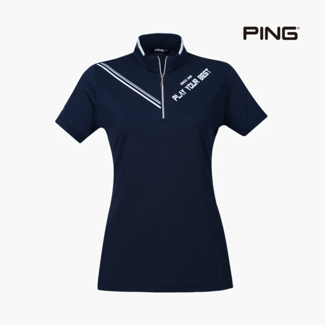 PING 女款Ｖ型印花高彈立領短袖POLO衫-深藍(吸濕排汗/日本素材/GOLF/高爾夫球衫/RA22113-58)