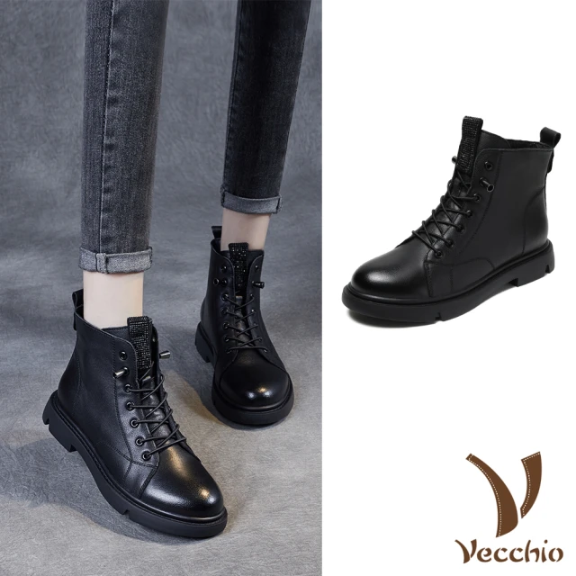 VecchioVecchio 真皮馬丁靴 牛皮馬丁靴/全真皮頭層牛皮閃耀亮片飾帶造型馬丁靴(黑)