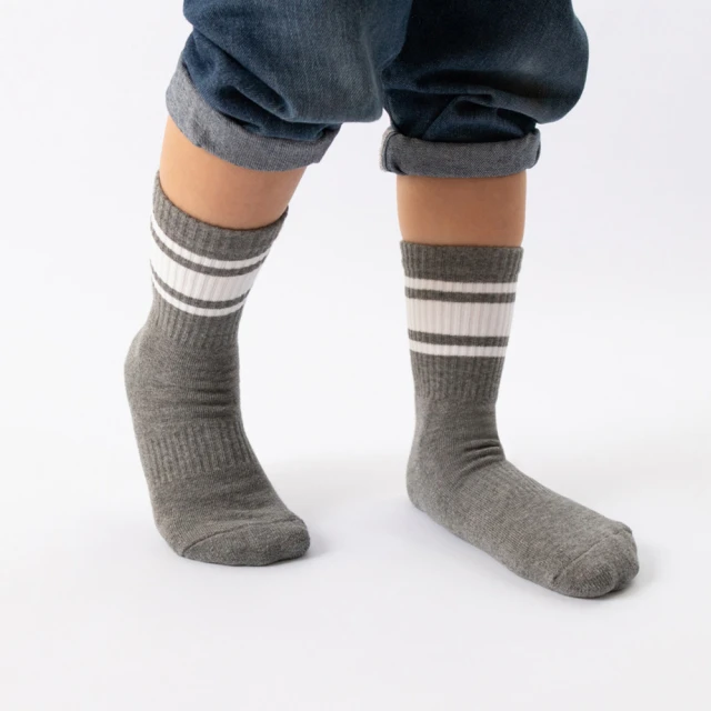 WARXWARX 經典條紋中筒童襪-麻灰配白條(除臭襪/防蚊襪)
