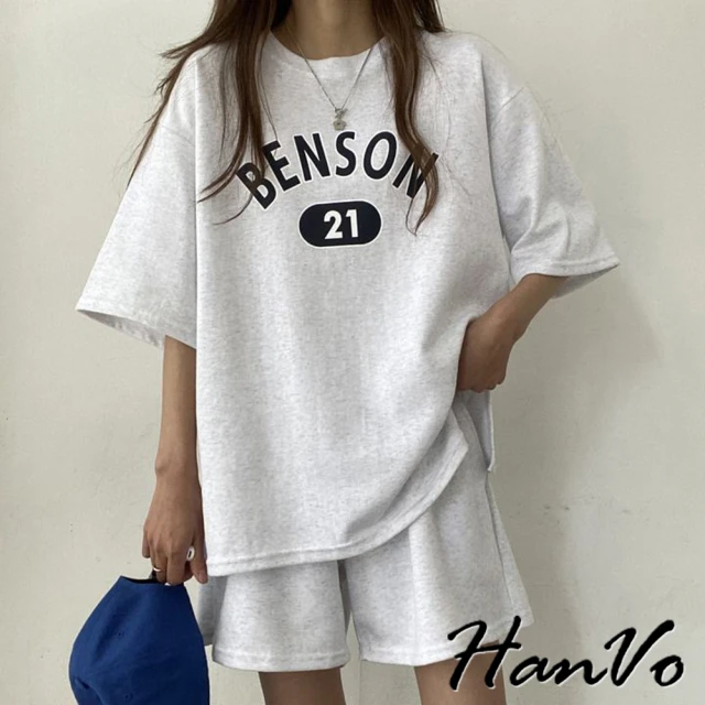 HanVo 現貨 BENSON休閒運動棉質套裝(透氣吸濕排汗寬鬆兩件式 居家服 女生衣著 5963)