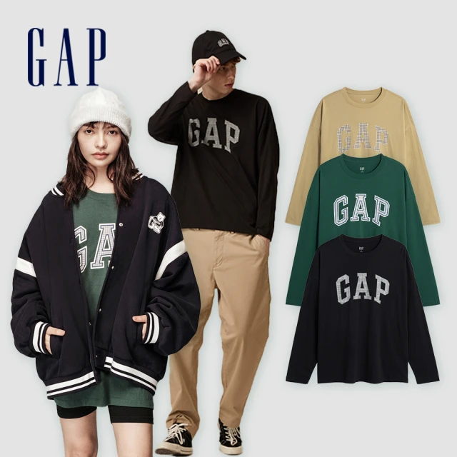 GAP 男女同款 Logo圓領大學T 碳素軟磨系列-暗綠色(