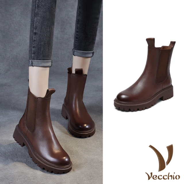 VecchioVecchio 真皮短靴 牛皮短靴/全真皮頭層牛皮舒適經典百搭切爾西短靴(棕)