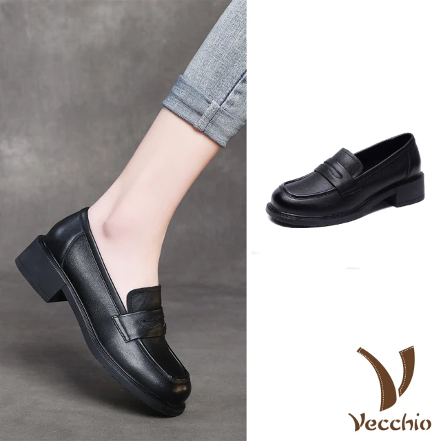 VecchioVecchio 真皮樂福鞋 粗跟樂福鞋/全真皮頭層牛皮寬楦舒適手工粗跟樂福鞋(黑)