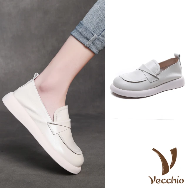 VecchioVecchio 真皮樂福鞋 一字樂福鞋/全真皮頭層牛皮舒適寬楦反摺一字帶樂福鞋(米)