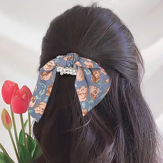 【AnnaSofia】彈性髮束髮飾髮圈髮繩-雪紡薔薇墜珠 現貨(藍系)