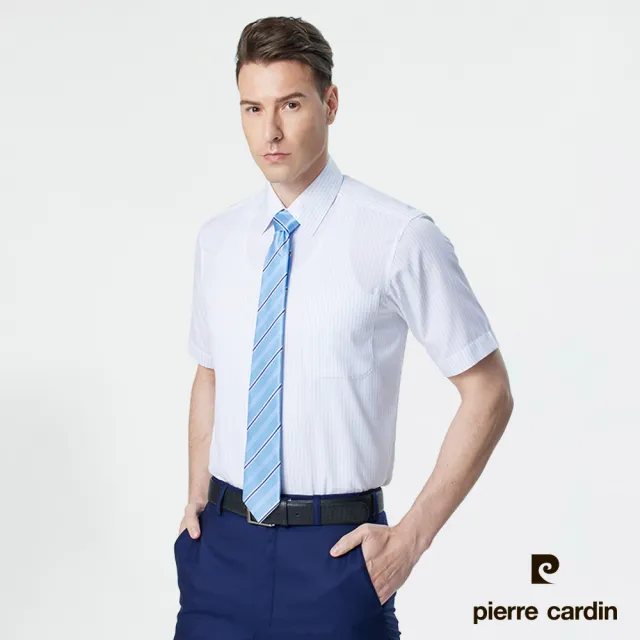 【pierre cardin 皮爾卡登】男襯衫 節能科技面料吸濕排汗抗皺舒適涼爽條紋短袖襯衫_白底藍條(62251-31)