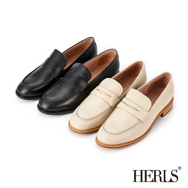 【HERLS】樂福鞋-經典全真皮便仕橢圓頭樂福鞋(黑色)