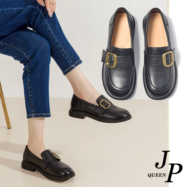 【JP Queen New York】復古方扣雙層牛皮休閒樂福鞋(黑色)
