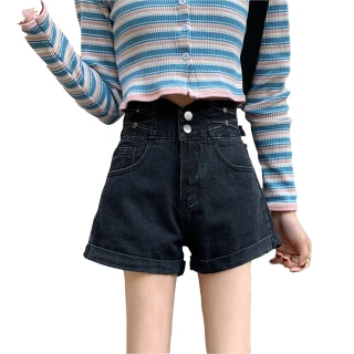 【WHATDAY】現貨-玩美衣櫃捲邊個性高腰牛仔短褲S-XL(共二色)