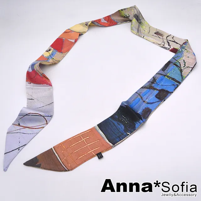 【AnnaSofia】仿絲領巾絲巾圍巾-彩繪瓦牆 長窄版緞面 現貨(彩系)