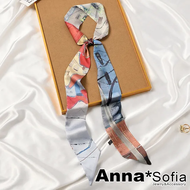 【AnnaSofia】仿絲領巾絲巾圍巾-彩繪瓦牆 長窄版緞面 現貨(彩系)