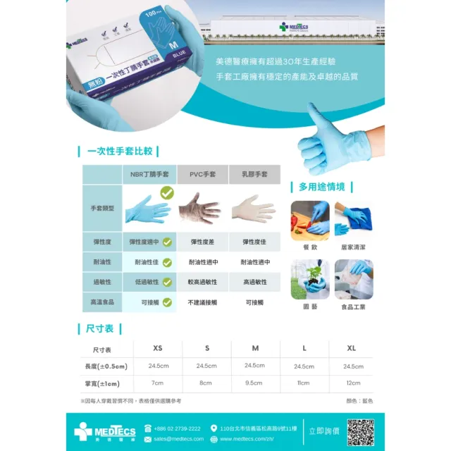 週期購【MEDTECS 美德醫療】NBR丁腈橡膠手套20盒組100pcs/盒SGS食安級(無粉 防滑 高彈性 耐高溫 耐油 耐磨)