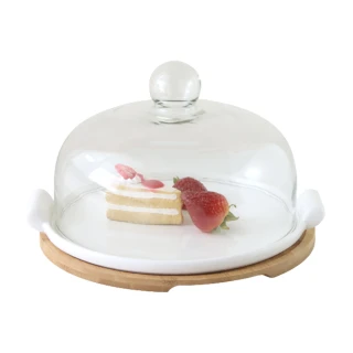 【Just Home】品味生活10吋陶瓷+竹木盤附玻璃罩蛋糕盅(甜點盅 下午茶)
