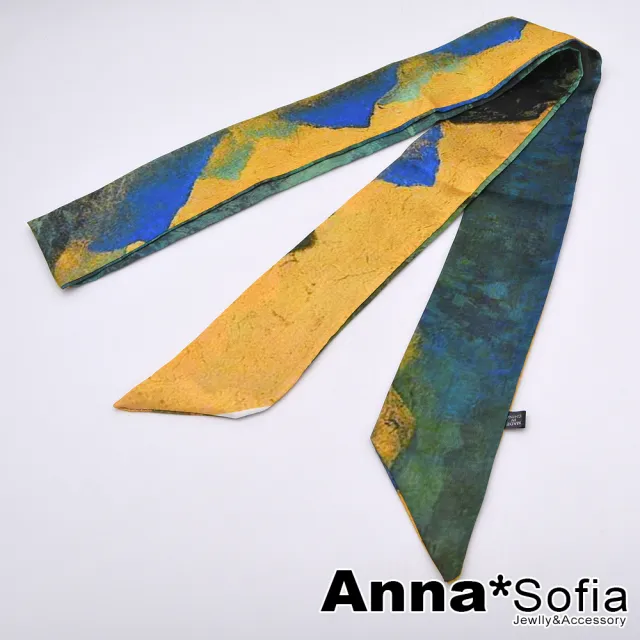 【AnnaSofia】仿絲領巾絲巾圍巾-綠染黃山 長窄版緞面 現貨(黃藍綠系)
