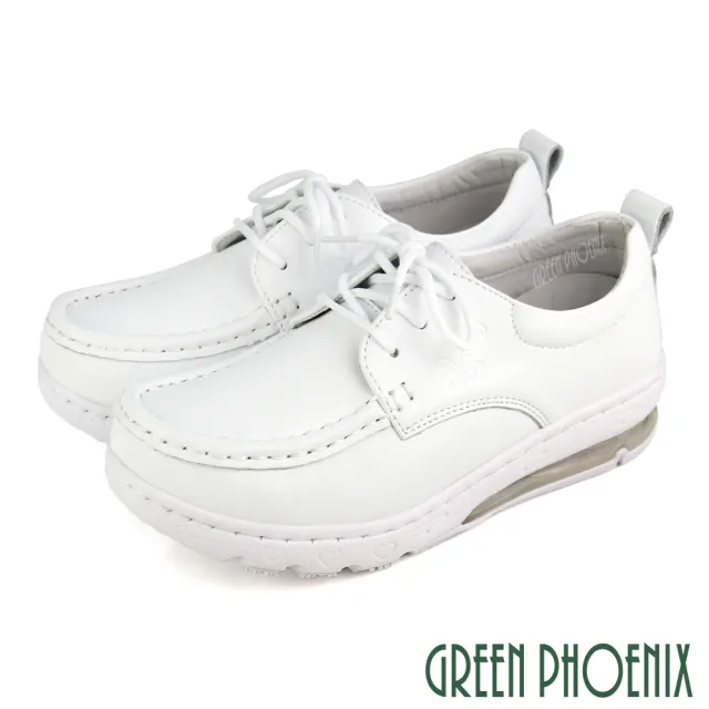【GREEN PHOENIX 波兒德】女款韓國進口車縫高彈力輕量全真皮氣墊休閒鞋/全黑工作鞋/護士鞋(白色、黑色)
