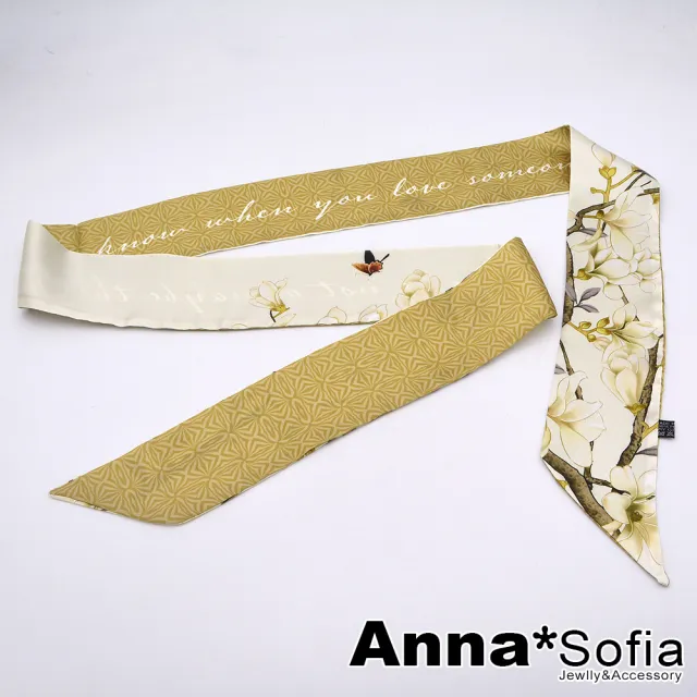 【AnnaSofia】仿絲領巾絲巾圍巾-英草字雙面紋 長窄版緞面 現貨(茉莉-杏褐系)
