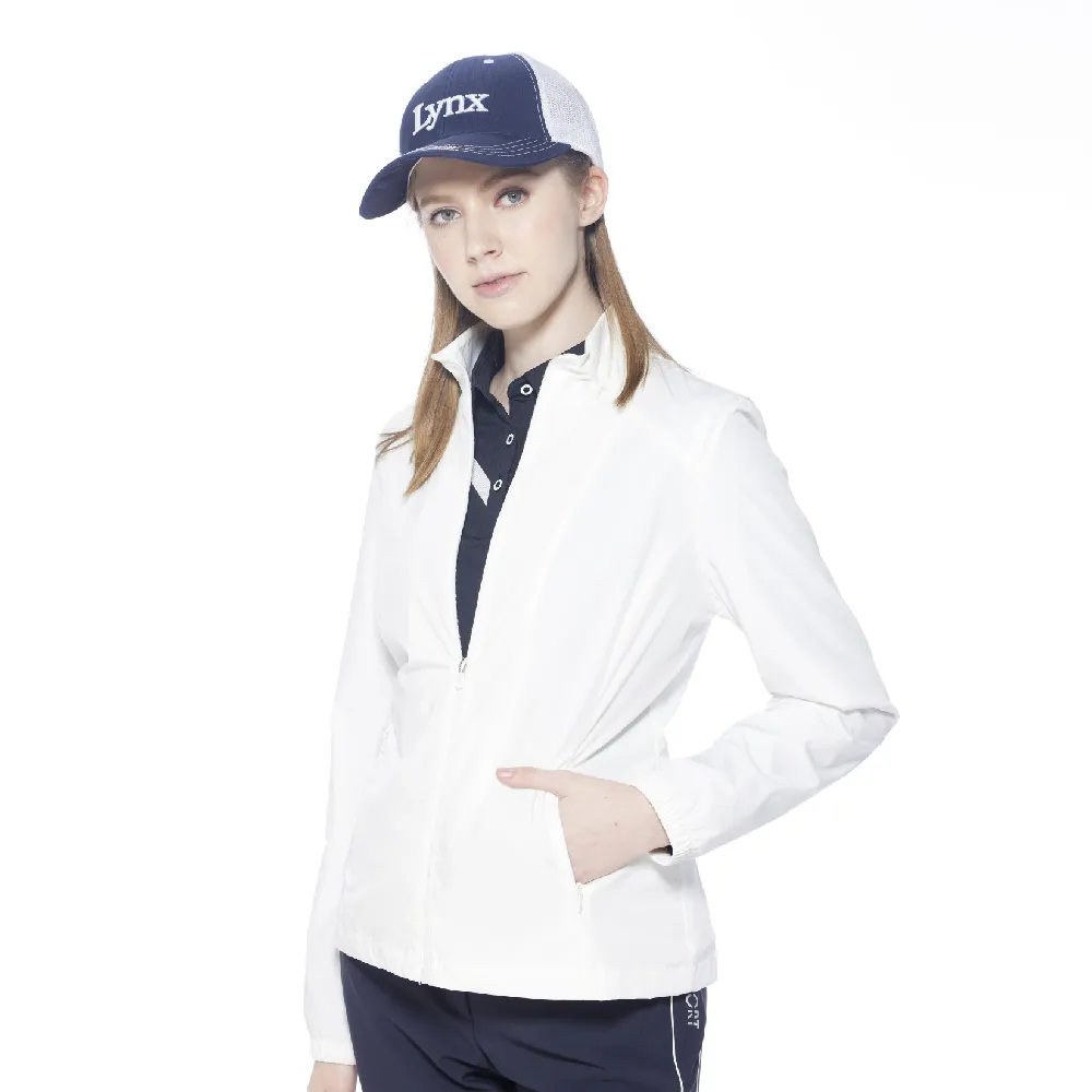 【Lynx Golf】korea女款後背Lynx造型設計拉鍊口袋長袖外套(白色)