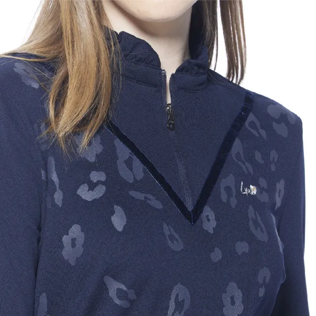 【Lynx Golf】korea女款小花圖樣造型縫線花領立領長袖POLO衫/高爾夫球衫(深藍色)