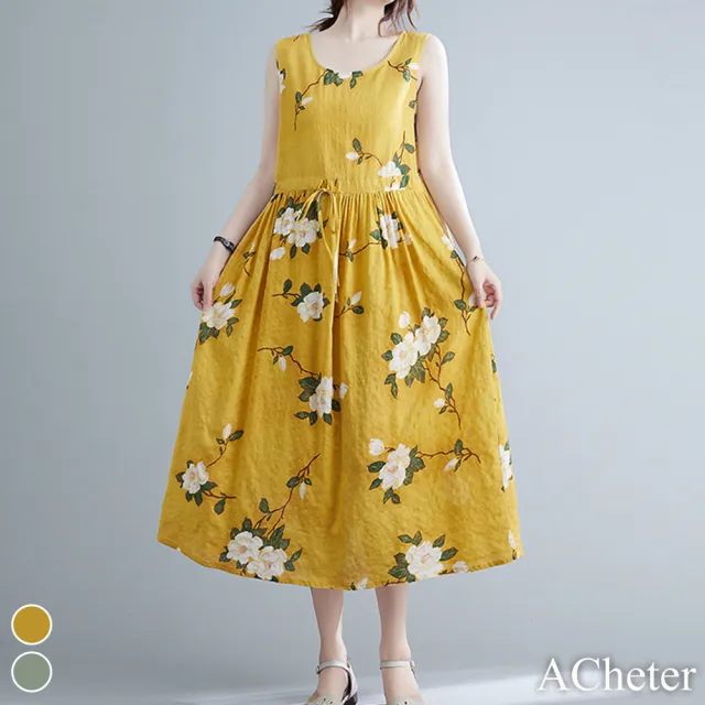 【ACheter】渡假慵懶風印花中長版大裙擺短袖棉麻洋裝#112308(22款任選)