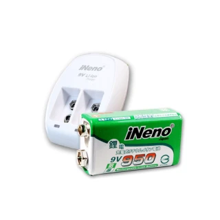 【iNeno】9V角型可充式鋰電池高效能防爆9V-950 1顆入+9V鋰電專用充電器(循環充電 適用住警器、無線麥克風)