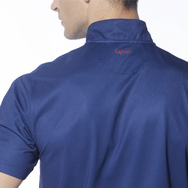 【Lynx Golf】男款吸排抗UV合身版Lynx英文圖樣短袖立領POLO衫/高爾夫球衫(深藍色)