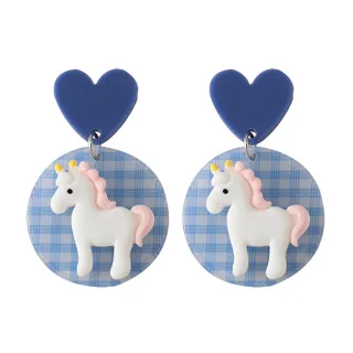 【MISA】韓國設計S925銀針可愛愛心格子獨角獸造型耳環(S925銀針耳環 愛心耳環 格子耳環)