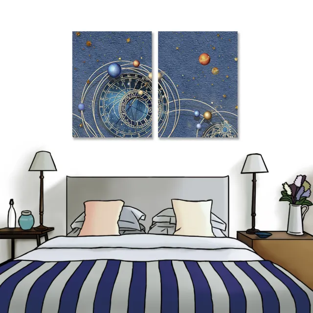 【24mama 掛畫】二聯式 油畫布 宇宙 星空 錶盤 星星 藝術 現代 科學 無框畫-60x80cm(太陽系的行星)
