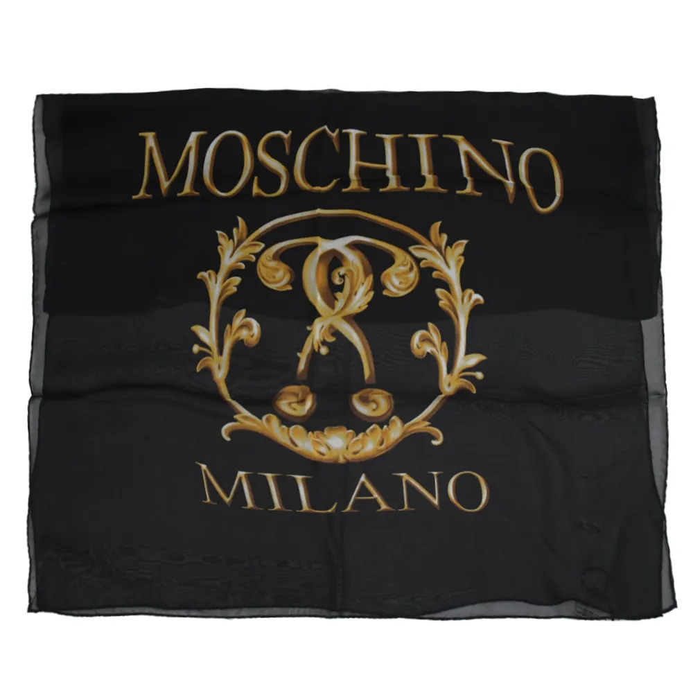 【MOSCHINO】經典品牌英文LOGO印花純絲綢披肩領巾圍巾(黑)