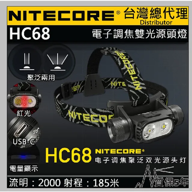 【NITECORE】電筒王 HC68(2000流明 電子調焦 聚泛光 雙光源頭燈 SST-40 紅光 標配附原廠電池)