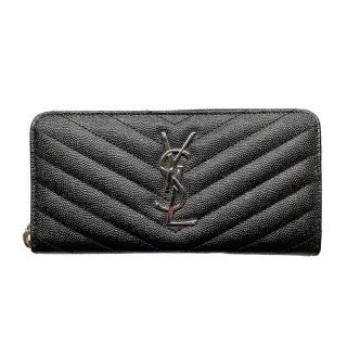 【YSL】SAINT LAURENT Monogram 魚子醬 牛皮 銀logo 拉鍊式 皮夾 長夾 黑色