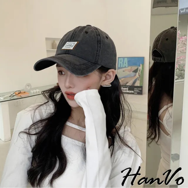 【HanVo】現貨 特色標籤水洗刷色棒球帽(韓系休閒百搭可調式棒球帽 女生衣著 女生配件 8136)