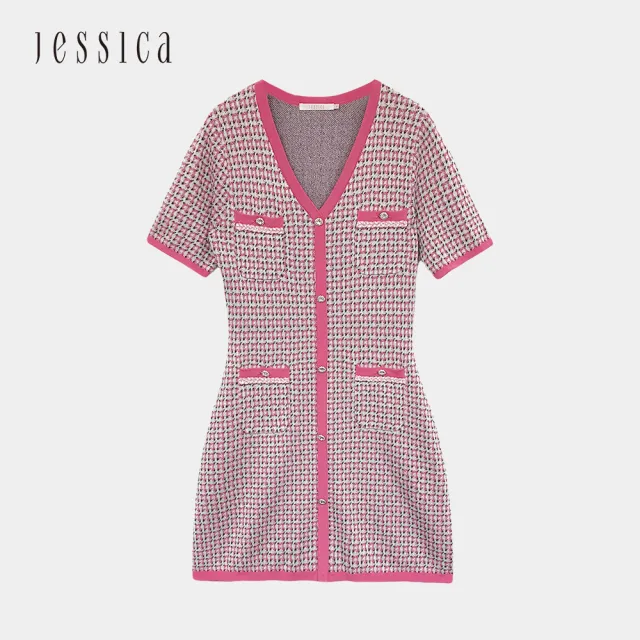 【JESSICA】氣質甜美千鳥格提花V領短袖洋裝 222276