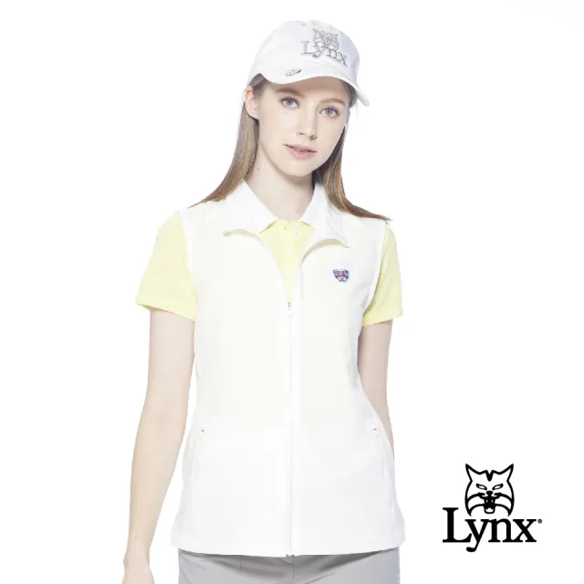 【Lynx Golf】女款吸濕快乾透氣易溶紗材質反光印花脇邊剪裁設計無袖背心(白色)