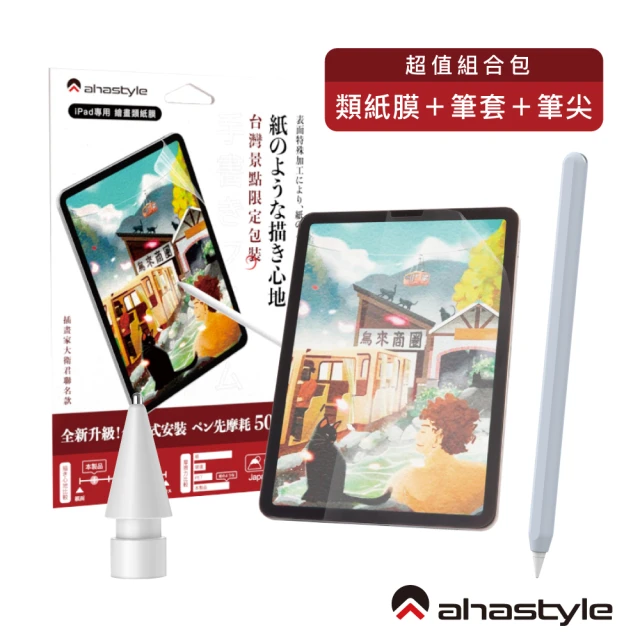 【AHAStyle】iPad 分段式類紙膜+金屬頭替換筆尖+莫蘭迪色系筆套 淺藍色 超值組合包