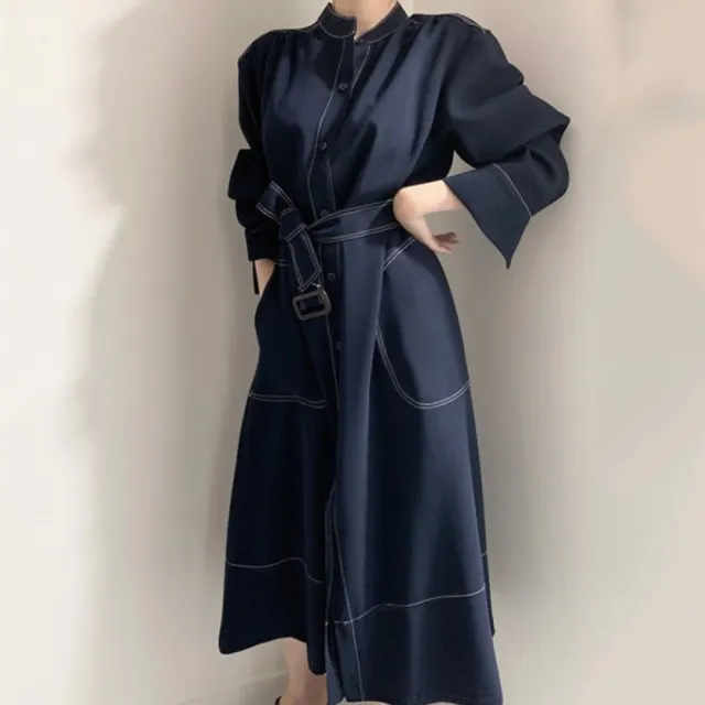 【baibeauty 白鳥麗子】韓系優雅立領單排扣收腰風衣長袖洋裝(連身裙)
