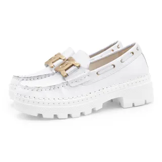 【Normady 諾曼地】女鞋 +6cm 休閒鞋 懶人鞋 MIT台灣製 真皮鞋 金屬釦磁石厚底內增高氣墊球囊跟鞋(奶油白)