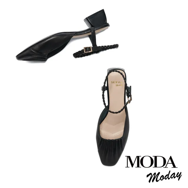 【MODA Moday】柔軟抓皺羊皮踝繫帶方頭高跟鞋(黑)