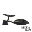 【MODA Moday】柔軟抓皺羊皮踝繫帶方頭高跟鞋(黑)
