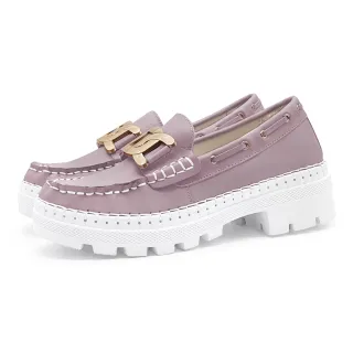 【Normady 諾曼地】女鞋 +6cm 休閒鞋 懶人鞋 MIT台灣製 真皮鞋 金屬釦磁石厚底內增高氣墊球囊跟鞋(藕粉紫)