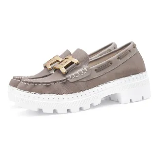 【Normady 諾曼地】女鞋 +6cm休閒鞋 懶人鞋 MIT台灣製 真皮鞋 金屬釦磁石厚底內增高氣墊球囊跟鞋(奶茶米棕)