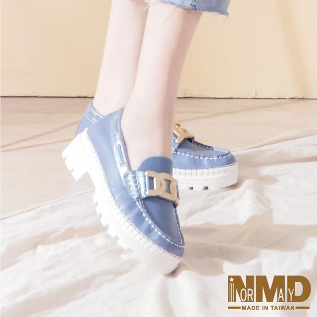 【Normady 諾曼地】女鞋 +6cm休閒鞋 懶人鞋 MIT台灣製 真皮鞋 金屬釦磁石厚底內增高氣墊球囊跟鞋(莫蘭迪藍)