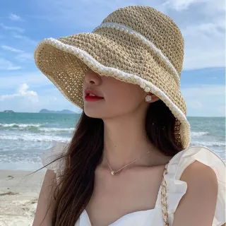 【Emi 艾迷】夏日 新款 珍珠輕奢 草帽 遮陽帽 草編