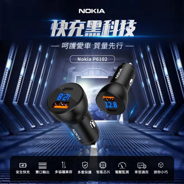 【NOKIA】2入組-P6102N 38W typeC/USB PD+QC 液晶顯示 2孔車充