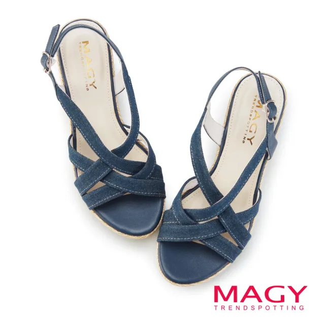 【MAGY】編織交錯造型高跟楔型涼鞋(藍色)