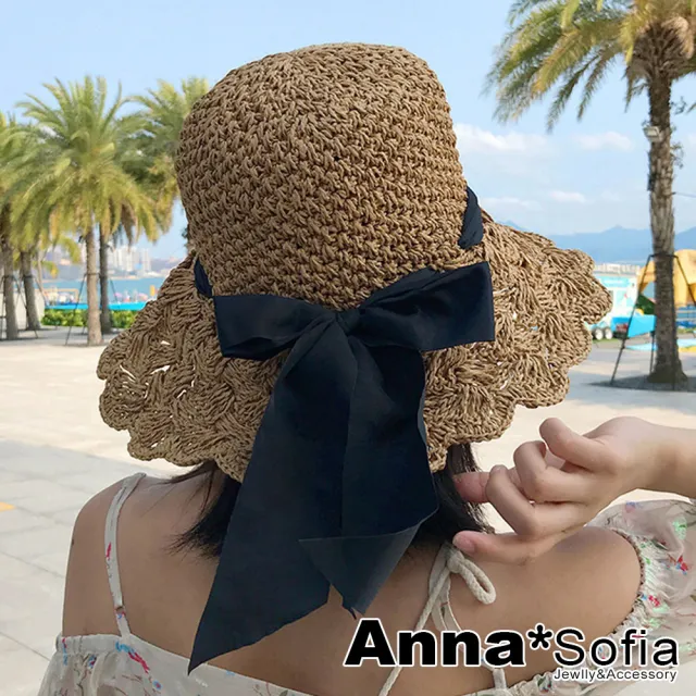 【AnnaSofia】遮陽帽防曬帽淑女帽網美渡假草帽海灘帽漁夫帽-花式編織簷穿綁黑結 現貨(駝系)